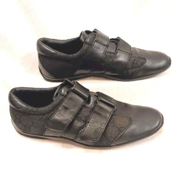 Gucci Pelle S. Gomma Trainers Sneakers Men Sz 40 BLACK Leather Monogram Low Top - Picture 1 of 16